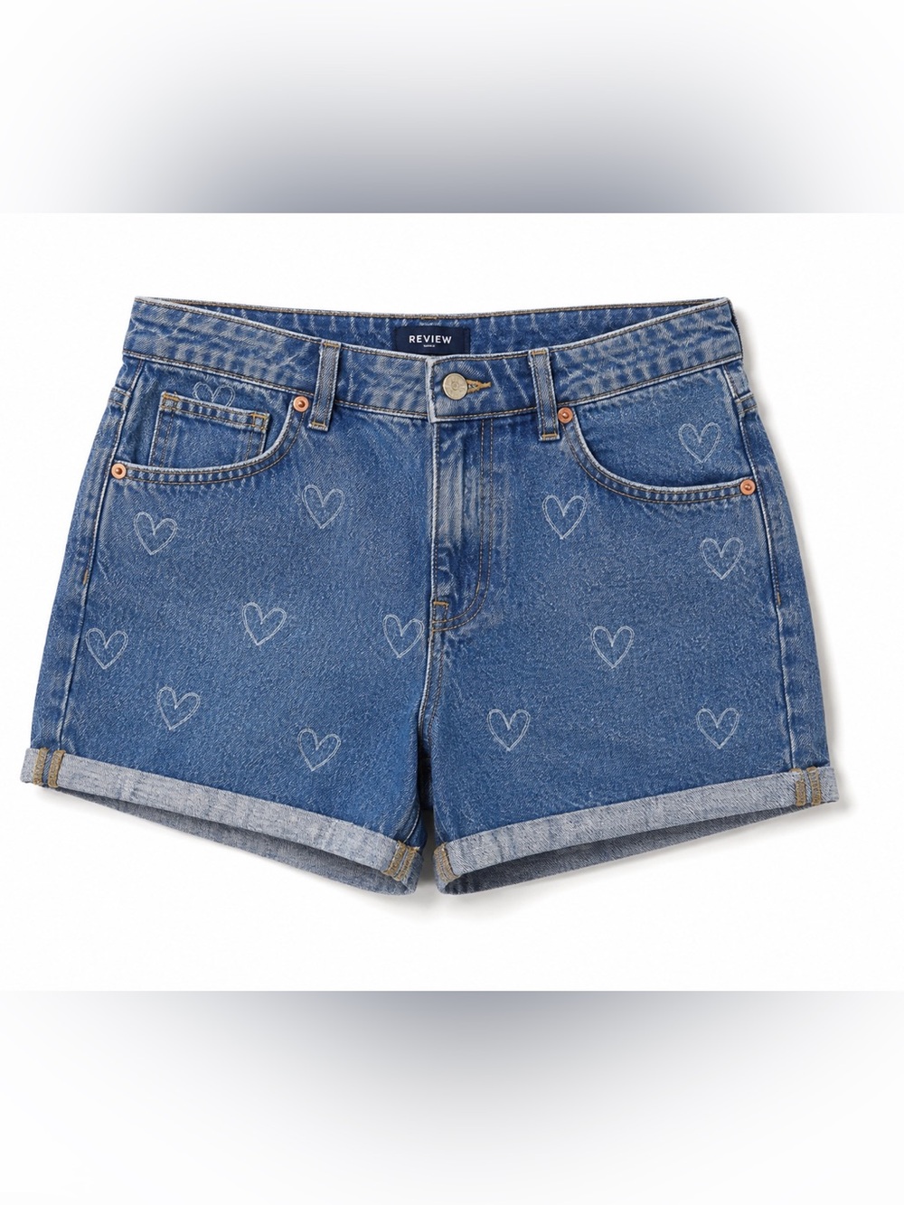 Review Heart Print Denim Shorts Y2K Retro Kidcore Festival Cottagecore